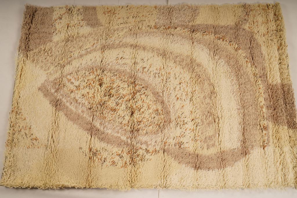 Danish MidCentury Ege Polar Wool Rya Rug: Purchased new by an esteemed Boston retailer in the 1970's; stored securely since then. Never walked on, no fading, or wear of any kind. 100% wool rya; thick pile carpet