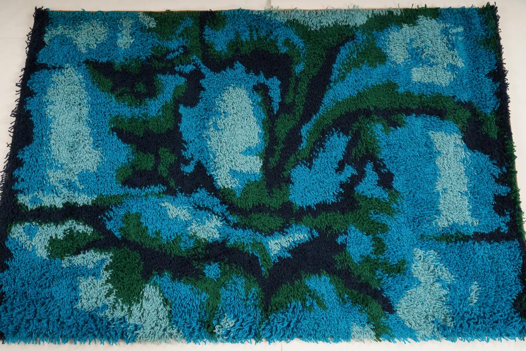 Danish MidCentury Ege Boutique Wool Rya Rug: Purchased new by an esteemed Boston retailer in the 1970's; stored securely since then. Never walked on, no fading, or wear of any kind. 100% wool rya; thick pile carpet
