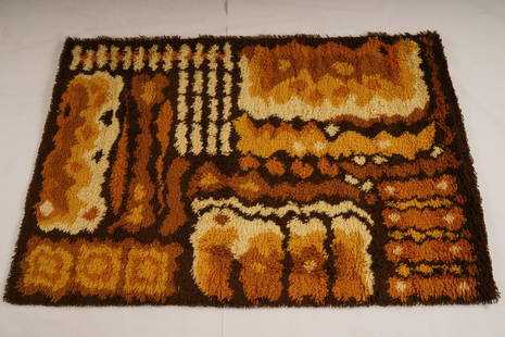 Danish Dania Taepper MidCentury Wool Rya Rug: Purchased new by an esteemed Boston retailer in the 1970's; stored securely since then. Never walked on, no fading, or wear of any kind. 100% wool rya; thick pile carpet