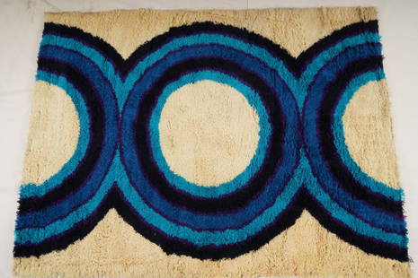 Danish MidCentury Wilton Wool Rya Rug: Purchased new by an esteemed Boston retailer in the 1970's; stored securely since then. Never walked on, no fading, or wear of any kind. 100% wool rya; thick pile carpet