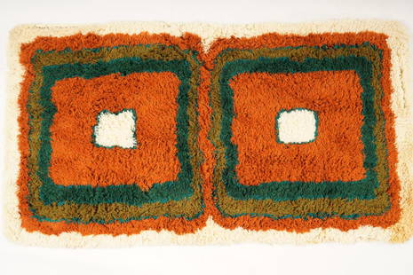 Danish MidCentury Wilton Wool Rya Rug: Purchased new by an esteemed Boston retailer in the 1970's; stored securely since then. Never walked on, no fading, or wear of any kind. 100% wool rya; thick pile carpet