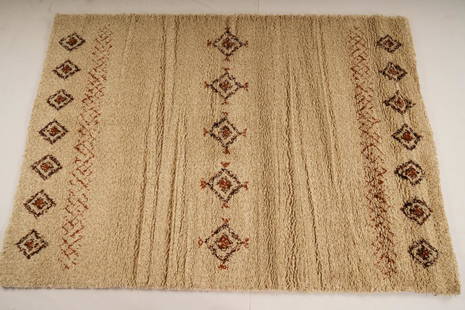 Austrian Eybl  MidCentury Wool Rya Rug: Purchased new by an esteemed Boston retailer in the 1970's; stored securely since then. Never walked on, no fading, or wear of any kind. 100% wool rya; thick pile carpet