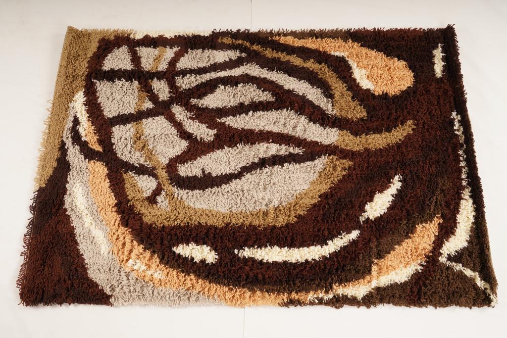 Danish MidCentury Ege Vanguard Wool Rya Rug: Purchased new by an esteemed Boston retailer in the 1970's; stored securely since then. Never walked on, no fading, or wear of any kind. 100% wool rya; thick pile carpet