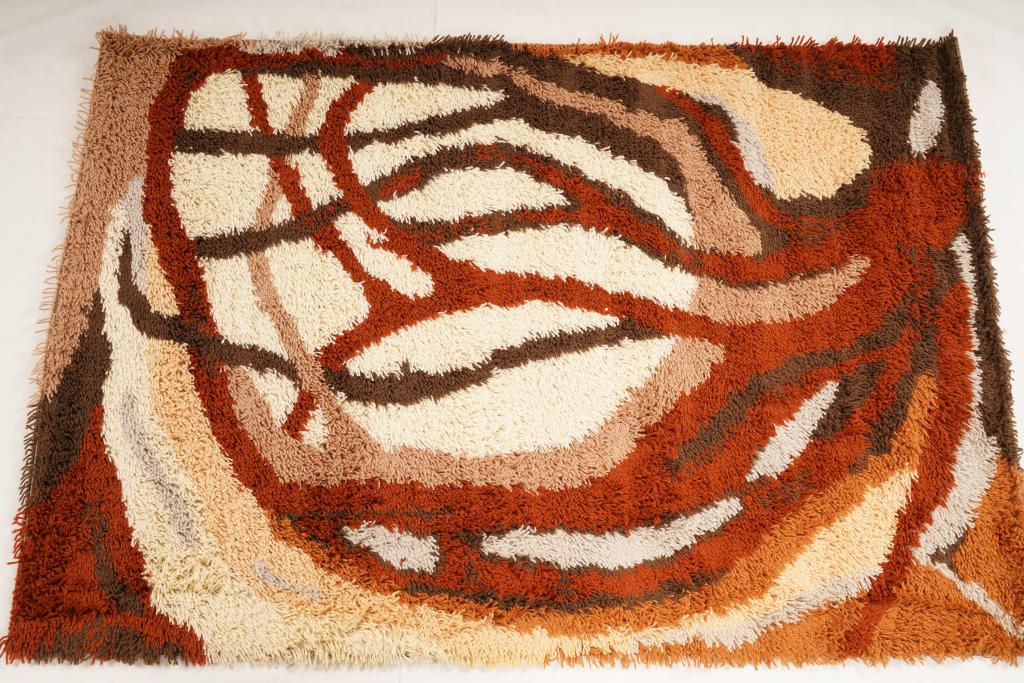 Danish MidCentury Ege Vanguard Wool Rya Rug: Purchased new by an esteemed Boston retailer in the 1970's; stored securely since then. Never walked on, no fading, or wear of any kind. 100% wool rya; thick pile carpet