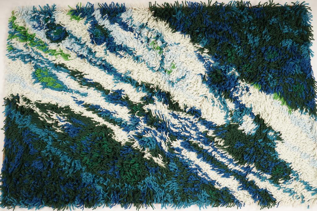 Danish MidCentury Ege Vanguard Wool Rya Rug: Purchased new by an esteemed Boston retailer in the 1970's; stored securely since then. Never walked on, no fading, or wear of any kind. 100% wool rya; thick pile carpet