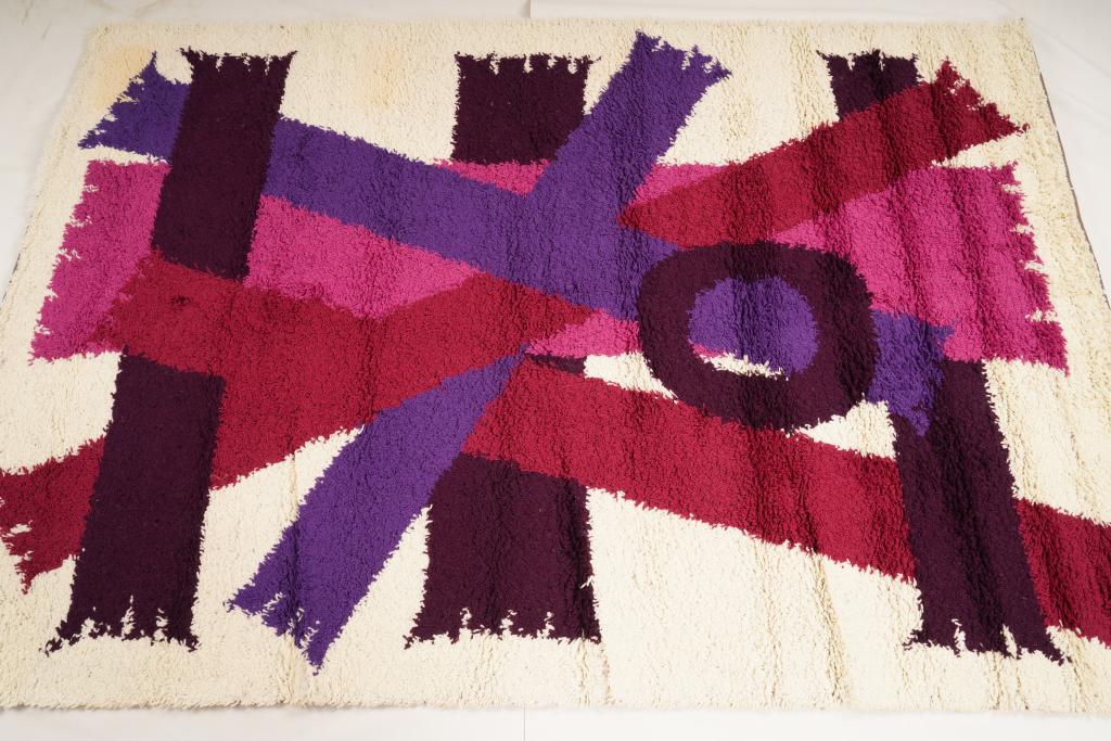 Danish MidCentury Ege Boutique Wool Rya Rug: Purchased new by an esteemed Boston retailer in the 1970's; stored securely since then. Never walked on, no fading, or wear of any kind. 100% wool rya; thick pile carpet