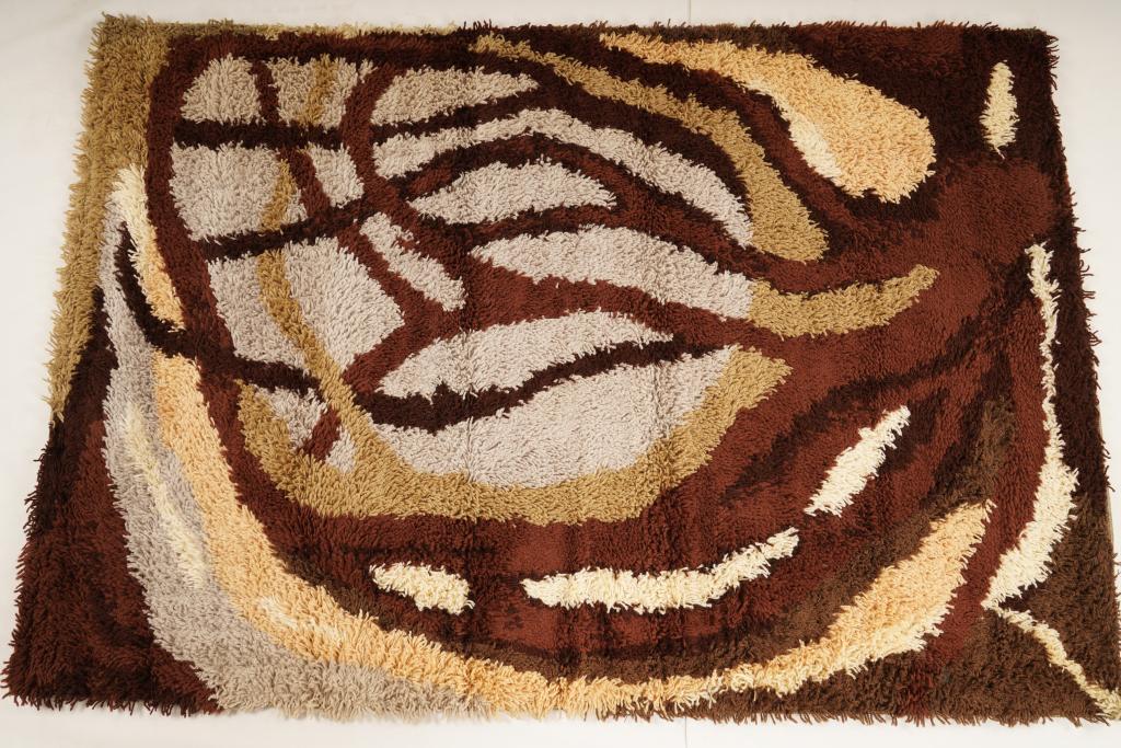 Danish Ege Vanguard Wool MidCentury Rya Rug: Purchased new by an esteemed Boston retailer in the 1970's; stored securely since then. Never walked on, no fading, or wear of any kind. 100% wool rya; thick pile carpet