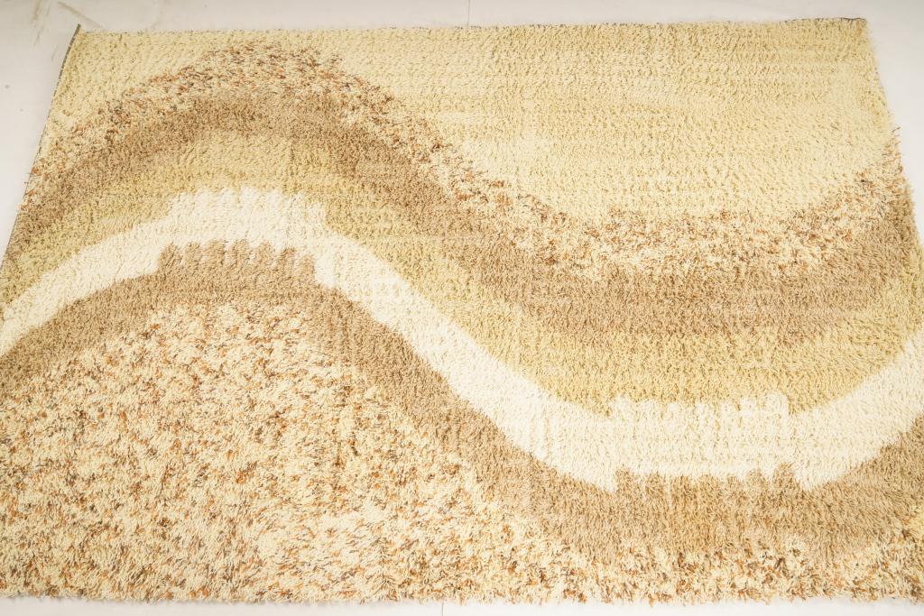 Danish Ege Polar Wool MidCentury Rya Rug: Purchased new by an esteemed Boston retailer in the 1970's; stored securely since then. Never walked on, no fading, or wear of any kind. 100% wool rya; thick pile carpet