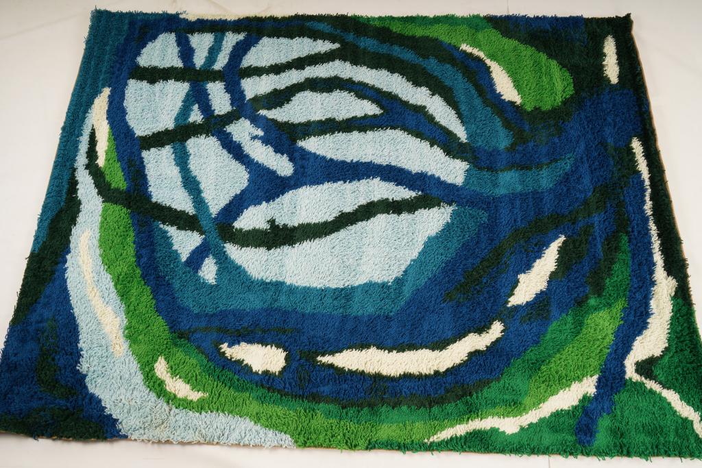 Danish Ege Vanguard Wool MidCentury Rya Rug: Purchased new by an esteemed Boston retailer in the 1970's; stored securely since then. Never walked on, no fading, or wear of any kind. 100% wool rya; thick pile carpet
