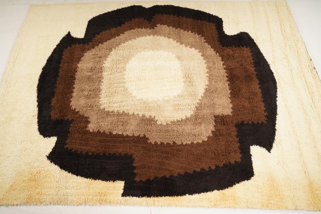 Danish Ege Boutique Wool MidCentury Rya Rug: Purchased new by an esteemed Boston retailer in the 1970's; stored securely since then. Never walked on, no fading, or wear of any kind. 100% wool rya; thick pile carpet