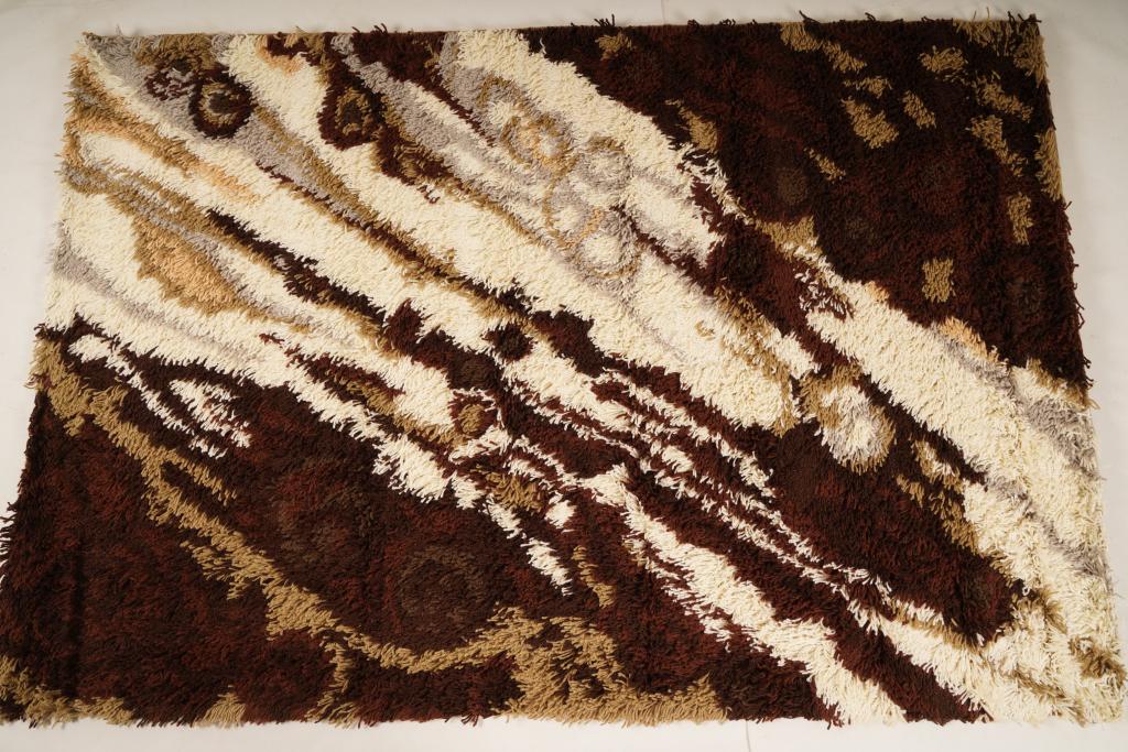 Danish Ege Vanguard Wool MidCentury Rya Rug: Purchased new by an esteemed Boston retailer in the 1970's; stored securely since then. Never walked on, no fading, or wear of any kind. 100% wool rya; thick pile carpet