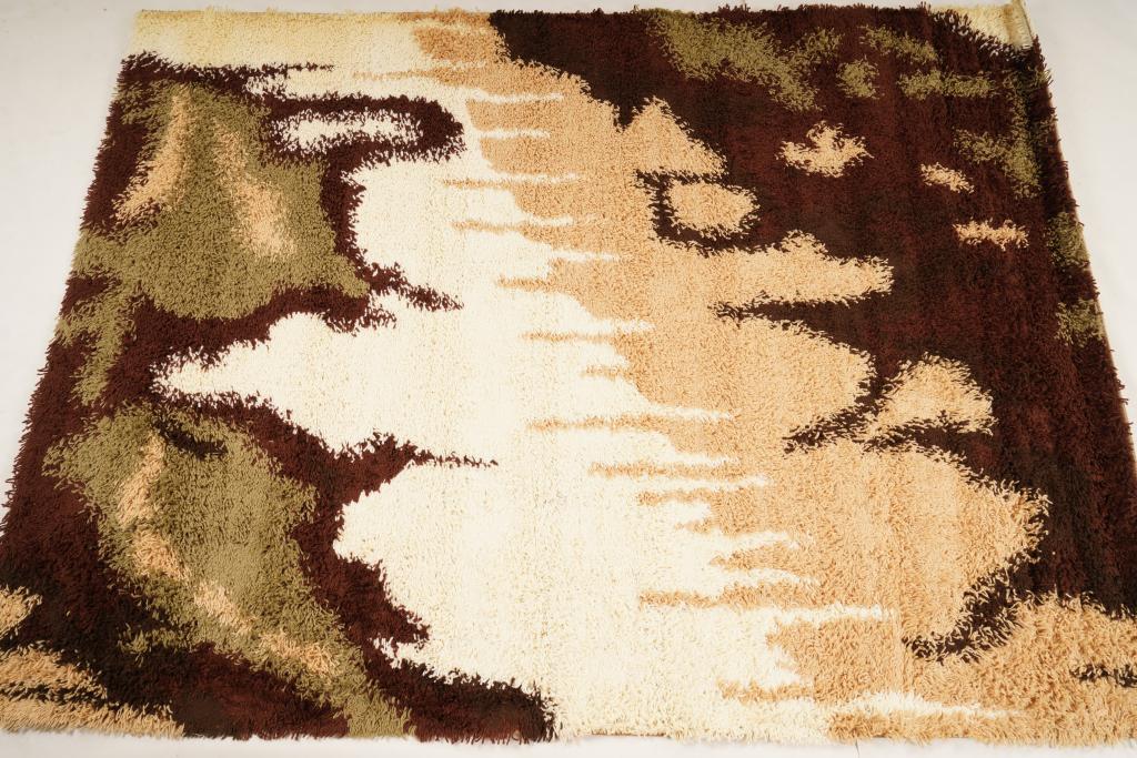 Danish Ege Vanguard Wool MidCentury Rya Rug: Purchased new by an esteemed Boston retailer in the 1970's; stored securely since then. Never walked on, no fading, or wear of any kind. 100% wool rya; thick pile carpet