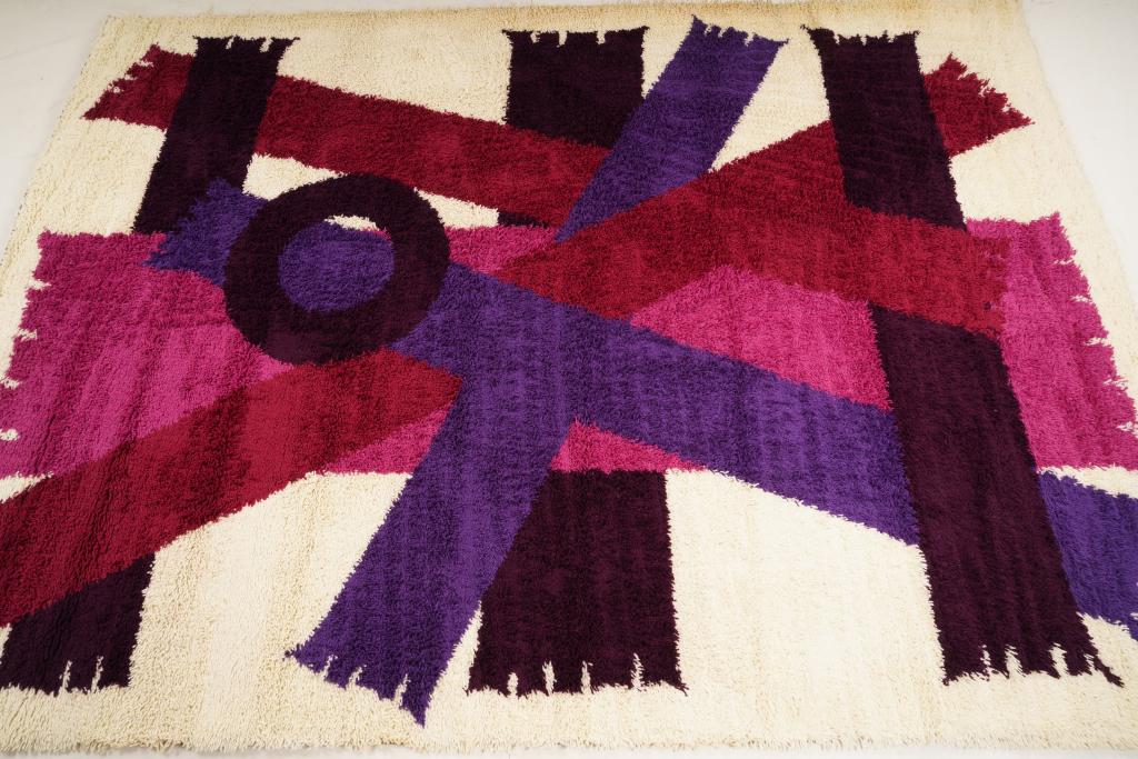 Danish Ege Boutique Wool MidCentury Rya Rug: Purchased new by an esteemed Boston retailer in the 1970's; stored securely since then. Never walked on, no fading, or wear of any kind. 100% wool rya; thick pile carpet