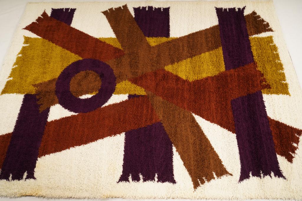 Danish Ege Boutique Wool MidCentury Rya Rug: Purchased new by an esteemed Boston retailer in the 1970's; stored securely since then. Never walked on, no fading, or wear of any kind. 100% wool rya; thick pile carpet
