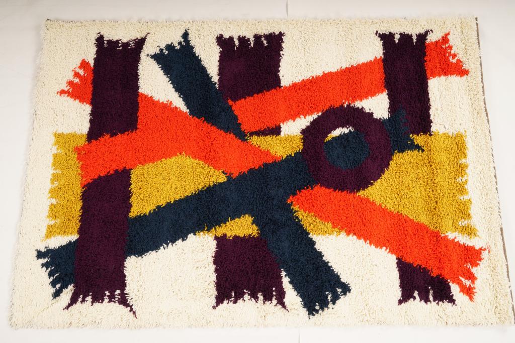 Danish MidCentury Ege Boutique Wool Rya Rug: Purchased new by an esteemed Boston retailer in the 1970's; stored securely since then. Never walked on, no fading, or wear of any kind. 100% wool rya; thick pile carpet