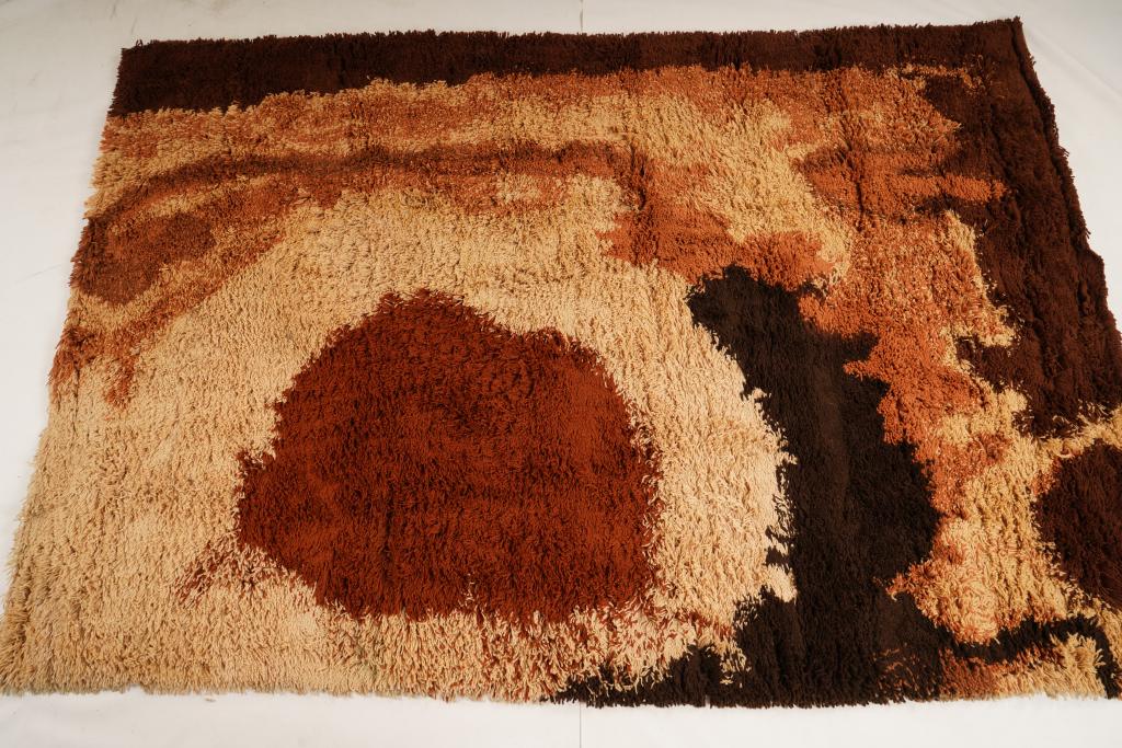 Danish MidCentury Ege Berber Wool Rya Rug: Purchased new by an esteemed Boston retailer in the 1970's; stored securely since then. Never walked on, no fading, or wear of any kind. 100% wool rya; thick pile carpet