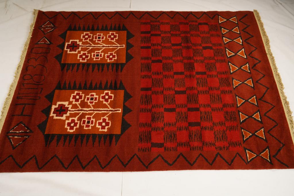 Danish MidCentury Ege Heritage Wool Rya Rug: Purchased new by an esteemed Boston retailer in the 1970's; stored securely since then. Never walked on, no fading, or wear of any kind. 100% wool rya; thick pile carpet