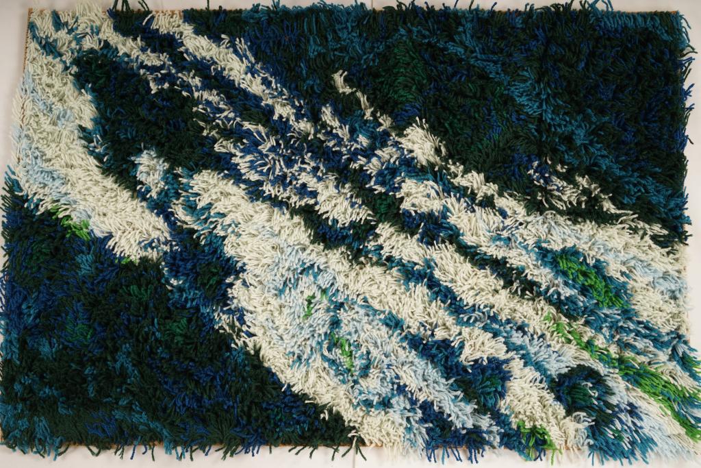 Danish MidCentury Ege Vanguard Wool Rya Rug: Purchased new by an esteemed Boston retailer in the 1970's; stored securely since then. Never walked on, no fading, or wear of any kind. 100% wool rya; thick pile carpet