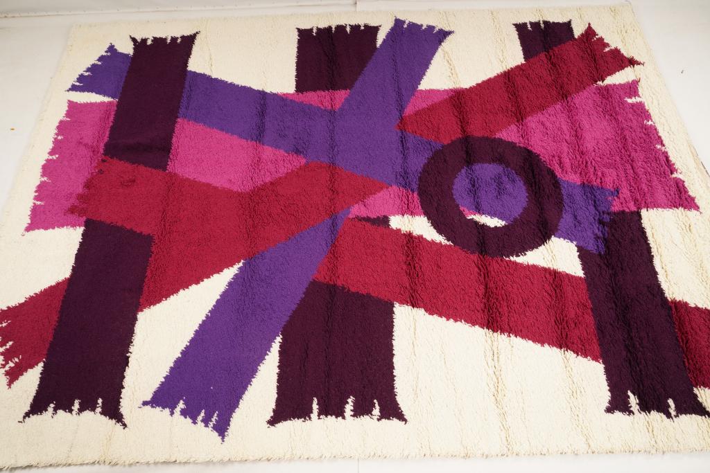 Danish Ege Boutique Wool MidCentury Rya Rug: Purchased new by an esteemed Boston retailer in the 1970's; stored securely since then. Never walked on, no fading, or wear of any kind. 100% wool rya; thick pile carpet