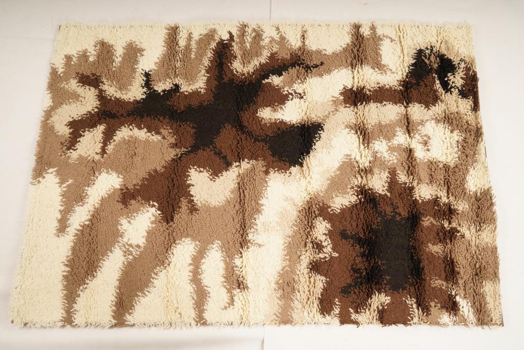 Danish Ege Boutique Wool MidCentury Rya Rug: Purchased new by an esteemed Boston retailer in the 1970's; stored securely since then. Never walked on, no fading, or wear of any kind. 100% wool rya; thick pile carpet