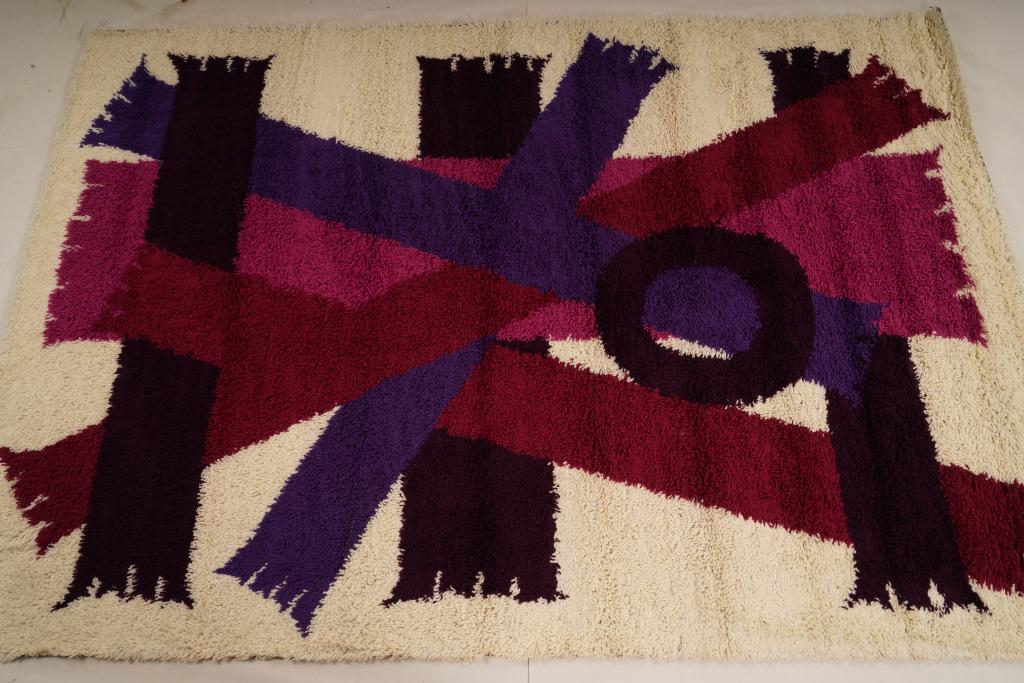 Danish Ege Boutique Wool MidCentury Rya Rug: Purchased new by an esteemed Boston retailer in the 1970's; stored securely since then. Never walked on, no fading, or wear of any kind. 100% wool rya; thick pile carpet