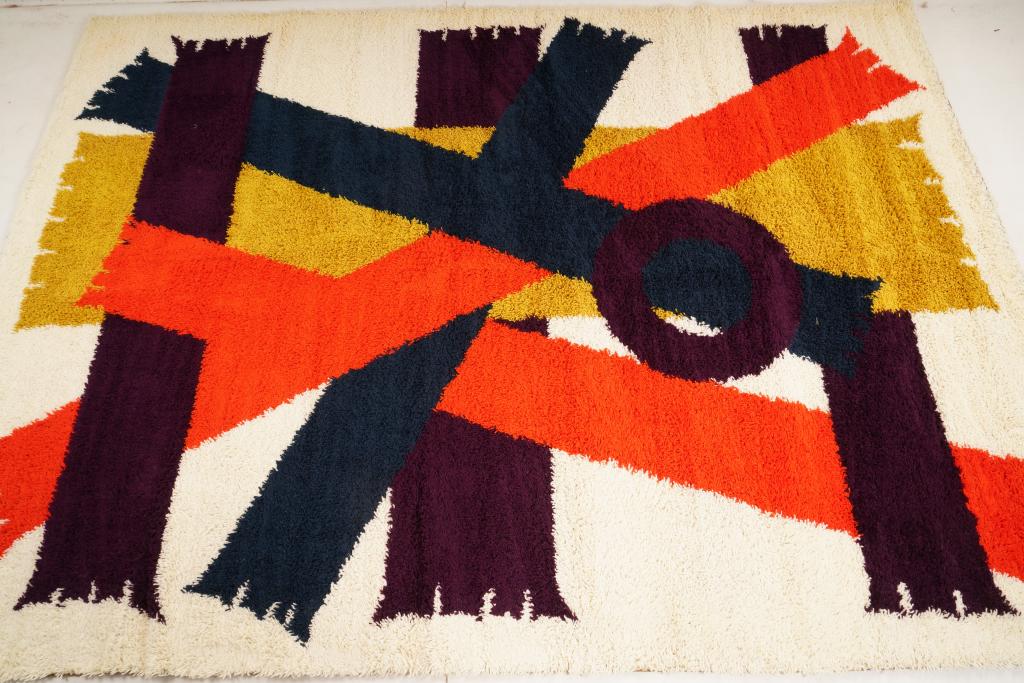 Danish Ege Boutique Wool MidCentury Rya Rug: Purchased new by an esteemed Boston retailer in the 1970's; stored securely since then. Never walked on, no fading, or wear of any kind. 100% wool rya; thick pile carpet