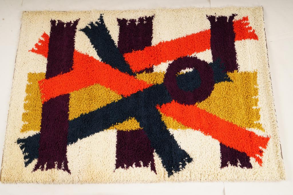 Danish Ege Boutique Wool MidCentury Rya Rug: Purchased new by an esteemed Boston retailer in the 1970's; stored securely since then. Never walked on, no fading, or wear of any kind. 100% wool rya; thick pile carpet