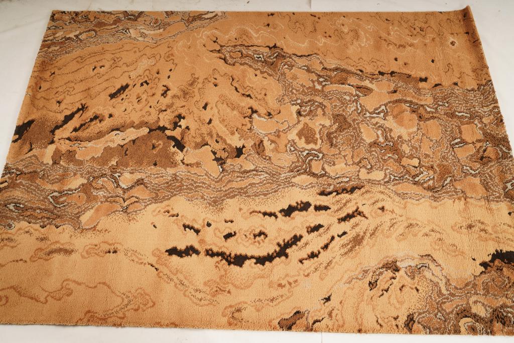 Belgian Corcland Polyester MidCentury Rug: Purchased new by an esteemed Boston retailer in the 1970's; stored securely since then. Never walked on, no fading, or wear of any kind. 100% Polyester rya; thick pile carpet