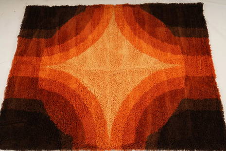 Netherlands Bergoss Bergrya MidCentury Wool Rug: Purchased new by an esteemed Boston retailer in the 1970's; stored securely since then. Never walked on, no fading, or wear of any kind. 100% wool rya; thick pile carpet