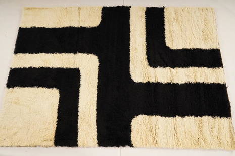 Danish MidCentury Wilton Wool Rya Rug: Purchased new by an esteemed Boston retailer in the 1970's; stored securely since then. Never walked on, no fading, or wear of any kind. 100% wool rya; thick pile carpet