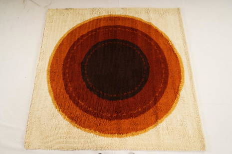 Danish MidCentury Wilton Wool Rya Rug: Purchased new by an esteemed Boston retailer in the 1970's; stored securely since then. Never walked on, no fading, or wear of any kind. 100% wool rya; thick pile carpet