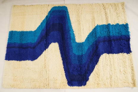 Danish MidCentury Wilton Wool Rya Rug: Purchased new by an esteemed Boston retailer in the 1970's; stored securely since then. Never walked on, no fading, or wear of any kind. 100% wool rya; thick pile carpet