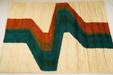 Danish MidCentury Wilton Wool Rya Rug: Purchased new by an esteemed Boston retailer in the 1970's; stored securely since then. Never walked on, no fading, or wear of any kind. 100% wool rya; thick pile carpet