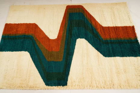 Danish MidCentury Wilton Wool Rya Rug: Purchased new by an esteemed Boston retailer in the 1970's; stored securely since then. Never walked on, no fading, or wear of any kind. 100% wool rya; thick pile carpet