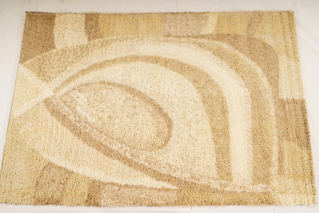 Danish MidCentury Ege Polar Wool Rya Rug: Purchased new by an esteemed Boston retailer in the 1970's; stored securely since then. Never walked on, no fading, or wear of any kind. 100% wool rya; thick pile carpet
