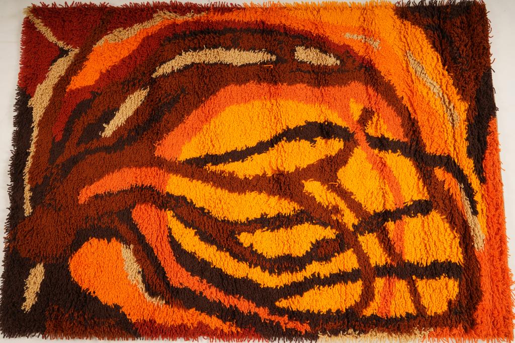 Danish MidCentury Ege Vanguard Wool Rya Rug: Purchased new by an esteemed Boston retailer in the 1970's; stored securely since then. Never walked on, no fading, or wear of any kind. 100% wool rya; thick pile carpet