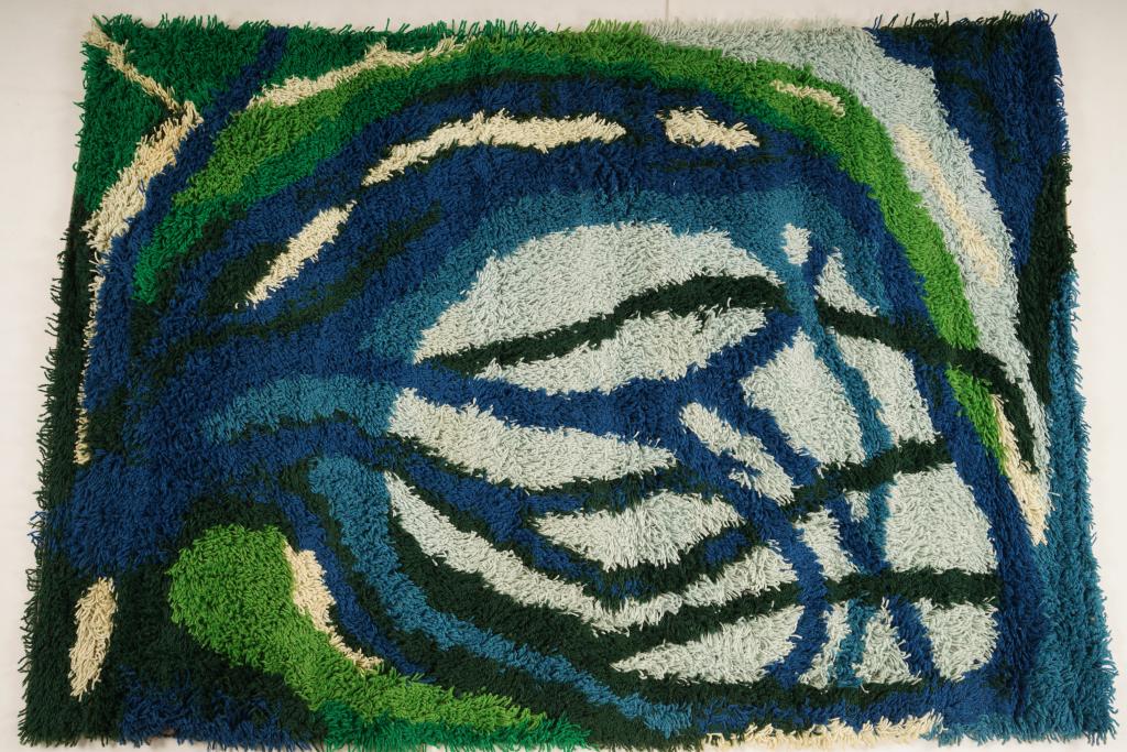 Danish MidCentury Ege Vanguard Wool Rya Rug: Purchased new by an esteemed Boston retailer in the 1970's; stored securely since then. Never walked on, no fading, or wear of any kind. 100% wool rya; thick pile carpet