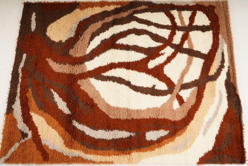 Danish MidCentury Ege Vanguard Wool Rya Rug: Purchased new by an esteemed Boston retailer in the 1970's; stored securely since then. Never walked on, no fading, or wear of any kind. 100% wool rya; thick pile carpet