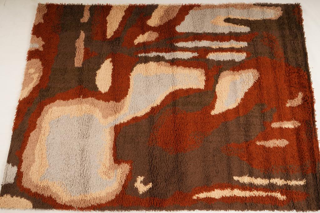 Danish MidCentury Ege Vanguard Wool Rya Rug: Purchased new by an esteemed Boston retailer in the 1970's; stored securely since then. Never walked on, no fading, or wear of any kind. 100% wool rya; thick pile carpet