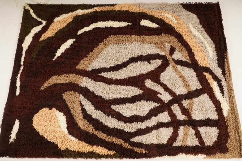 Danish MidCentury Ege Vanguard Wool Rya Rug: Purchased new by an esteemed Boston retailer in the 1970's; stored securely since then. Never walked on, no fading, or wear of any kind. 100% wool rya; thick pile carpet