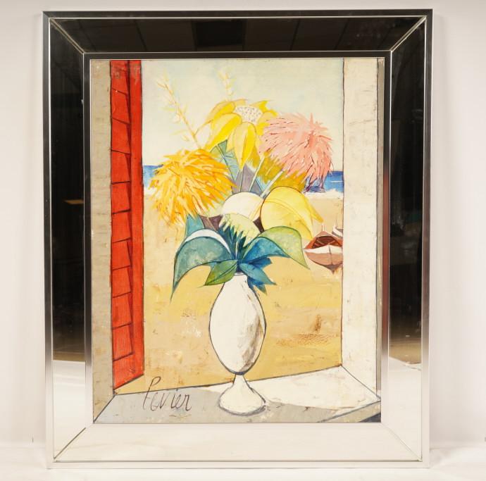 Charles Levier (1920-2003) French Oil Painting: Printemps"; signed in lower left corner. Signed and titled verso. Oil on canvas in custom mirror and chrome frame. Sight size 24" x 30