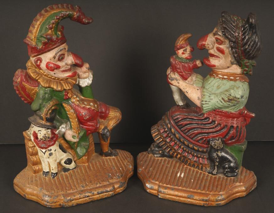 Cast-Iron Punch & Judy Doorstops: Fine early paint decoration; generous size; deeply cast; 19thC