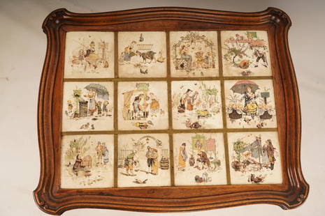 French Art Nouveau Tile Top Server, Froment Richard: Finely carved walnut tray table above an x-stretcher base. Table top inset with 12 handpainted tiles of Parisian scenes.