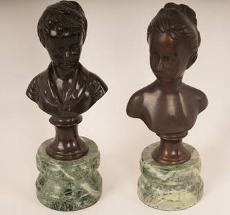 Pair Bronze Busts of Children on Marble Bases: Matched pair of slightly different finish and casting, raised on raised marble bases.