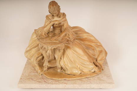 Italian Terracotta Sculpture: Signed indistinctly. Depicting a 19thC female reading a book seated at a table; on a marble base.