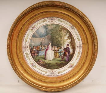 H. B. Choisy Le Roy Painted Porcelain Plaque, Framed: Depicts a young girl being presented to a suitor. Stamped on back "H. B. Choisy". Mounted in a neoclassical gilt wood frame.