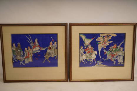 A Pair of Chinese Watercolors: Sight Size: 12" x 16". Each depicting a mythological scene.