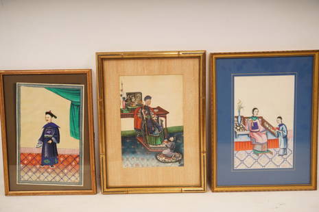 3 Chinese Paintings on Vellum: Sight Size: 7" x 10.5". Each depicts figures in an interior setting.