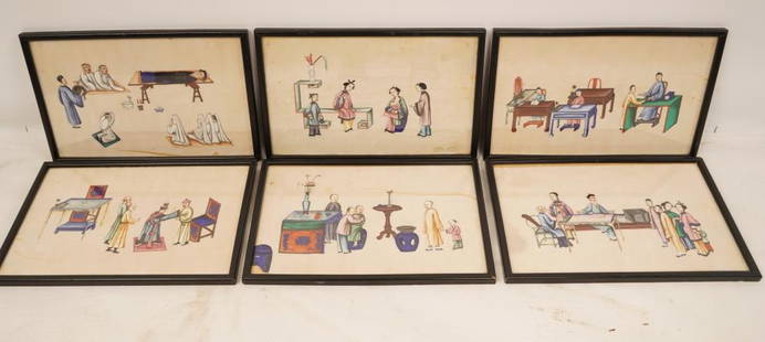 6 Chinese Paintings on Vellum: Sight Size: 7.75" x 12.5". Each depicting figures performing ceremonial duties.