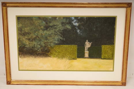 Henry Kohler Oil on Paper: Sight Size: 12.5" x 22". Depicts a Greco-Roman statue in a garden setting; signed lower left. Mounted in a custom gilt wood frame